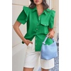 image:imageCicy Bell Womens Babydoll Button Down Shirts Summer Ruffle Puff Sleeve Pleated Tops Loose Fit Cotton Collared Curvy Hem TeesGreen