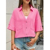 image:imageCicy Bell Womens Linen Button Down Shirts V Neck Summer Short Sleeve Tops Casual Loose Fit Cotton Collared BlousesBright Pink