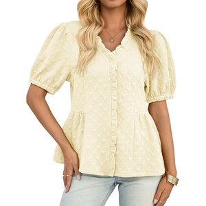image:imageCicy Bell Womens Peplum Puff Sleeve Tops Dressy Casual Summer Textured Blouses V Neck Ruffle Pleated ShirtsBeige