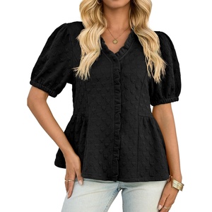 image:imageCicy Bell Womens Peplum Puff Sleeve Tops Dressy Casual Summer Textured Blouses V Neck Ruffle Pleated ShirtsBlack