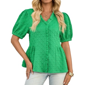 image:imageCicy Bell Womens Peplum Puff Sleeve Tops Dressy Casual Summer Textured Blouses V Neck Ruffle Pleated ShirtsGreen