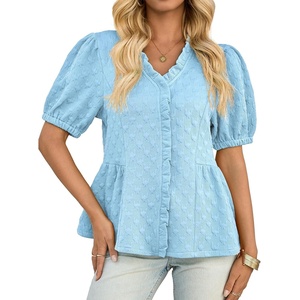 image:imageCicy Bell Womens Peplum Puff Sleeve Tops Dressy Casual Summer Textured Blouses V Neck Ruffle Pleated ShirtsSky Blue
