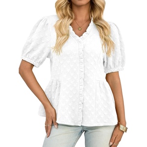 image:imageCicy Bell Womens Peplum Puff Sleeve Tops Dressy Casual Summer Textured Blouses V Neck Ruffle Pleated ShirtsWhite