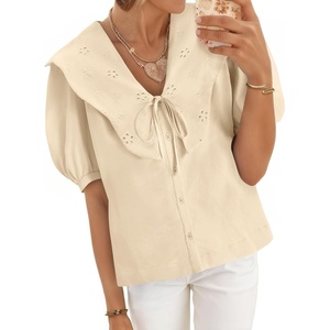 image:imageCicy Bell Womens Peter Pan Collar Button Down Shirts Puff Short Sleeve Summer Casual Eyelet Tops Cotton Loose Fit BlousesApricot
