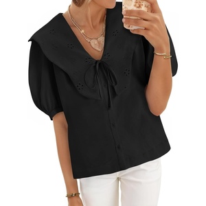 image:imageCicy Bell Womens Peter Pan Collar Button Down Shirts Puff Short Sleeve Summer Casual Eyelet Tops Cotton Loose Fit BlousesBlack