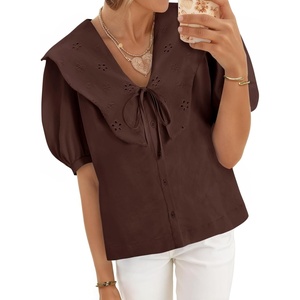 image:imageCicy Bell Womens Peter Pan Collar Button Down Shirts Puff Short Sleeve Summer Casual Eyelet Tops Cotton Loose Fit BlousesBrown