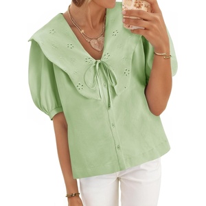 image:imageCicy Bell Womens Peter Pan Collar Button Down Shirts Puff Short Sleeve Summer Casual Eyelet Tops Cotton Loose Fit BlousesGreen