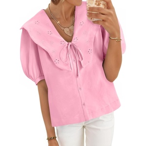 image:imageCicy Bell Womens Peter Pan Collar Button Down Shirts Puff Short Sleeve Summer Casual Eyelet Tops Cotton Loose Fit BlousesPink