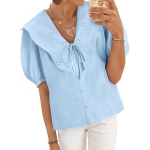 image:imageCicy Bell Womens Peter Pan Collar Button Down Shirts Puff Short Sleeve Summer Casual Eyelet Tops Cotton Loose Fit BlousesSky Blue