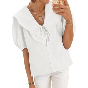 image:imageCicy Bell Womens Peter Pan Collar Button Down Shirts Puff Short Sleeve Summer Casual Eyelet Tops Cotton Loose Fit BlousesWhite