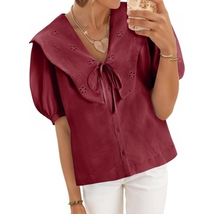 image:imageCicy Bell Womens Peter Pan Collar Button Down Shirts Puff Short Sleeve Summer Casual Eyelet Tops Cotton Loose Fit BlousesWine Red