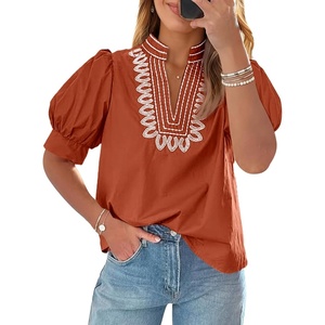 image:imageCicy Bell Womens Puff Short Sleeve Blouses Summer Casual Dressy Embroidered V Neck Tops Loose Fit Tee ShirtsBrick Red
