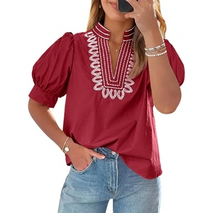 image:imageCicy Bell Womens Puff Short Sleeve Blouses Summer Casual Dressy Embroidered V Neck Tops Loose Fit Tee ShirtsBurgundy