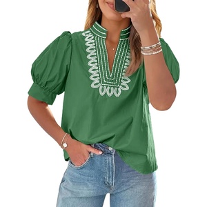 image:imageCicy Bell Womens Puff Short Sleeve Blouses Summer Casual Dressy Embroidered V Neck Tops Loose Fit Tee ShirtsDark Green