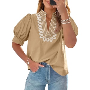 image:imageCicy Bell Womens Puff Short Sleeve Blouses Summer Casual Dressy Embroidered V Neck Tops Loose Fit Tee ShirtsKhaki