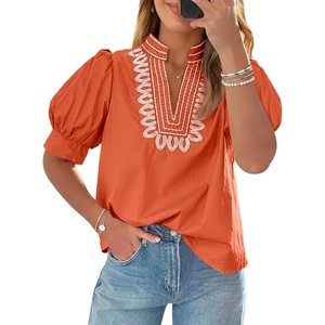 image:imageCicy Bell Womens Puff Short Sleeve Blouses Summer Casual Dressy Embroidered V Neck Tops Loose Fit Tee ShirtsOrange