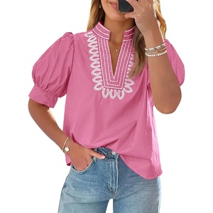 image:imageCicy Bell Womens Puff Short Sleeve Blouses Summer Casual Dressy Embroidered V Neck Tops Loose Fit Tee ShirtsPink