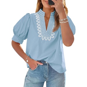 image:imageCicy Bell Womens Puff Short Sleeve Blouses Summer Casual Dressy Embroidered V Neck Tops Loose Fit Tee ShirtsSky Blue