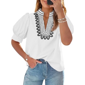 image:imageCicy Bell Womens Puff Short Sleeve Blouses Summer Casual Dressy Embroidered V Neck Tops Loose Fit Tee ShirtsWhite
