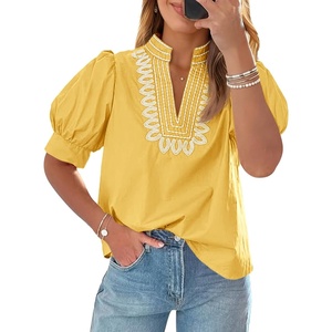 image:imageCicy Bell Womens Puff Short Sleeve Blouses Summer Casual Dressy Embroidered V Neck Tops Loose Fit Tee ShirtsYellow