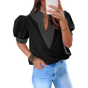 image:imageCicy Bell Womens Puff Short Sleeve Blouses Summer Casual Dressy V Neck Contrast Stitch Tops Loose Fit ShirtsBlack