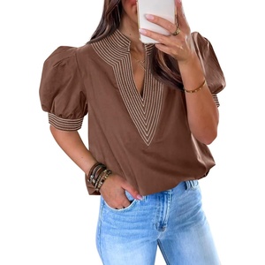 image:imageCicy Bell Womens Puff Short Sleeve Blouses Summer Casual Dressy V Neck Contrast Stitch Tops Loose Fit ShirtsBrown