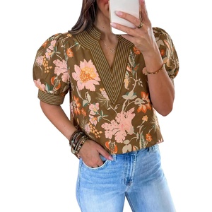 image:imageCicy Bell Womens Puff Short Sleeve Blouses Summer Casual Dressy V Neck Contrast Stitch Tops Loose Fit ShirtsBrown Print