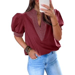 image:imageCicy Bell Womens Puff Short Sleeve Blouses Summer Casual Dressy V Neck Contrast Stitch Tops Loose Fit ShirtsBurgundy
