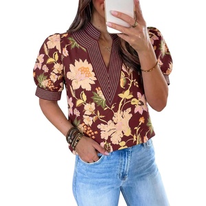 image:imageCicy Bell Womens Puff Short Sleeve Blouses Summer Casual Dressy V Neck Contrast Stitch Tops Loose Fit ShirtsBurgundy Print