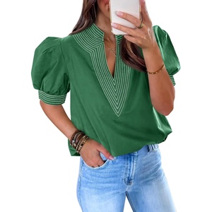 image:imageCicy Bell Womens Puff Short Sleeve Blouses Summer Casual Dressy V Neck Contrast Stitch Tops Loose Fit ShirtsGreen