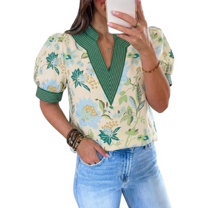 image:imageCicy Bell Womens Puff Short Sleeve Blouses Summer Casual Dressy V Neck Contrast Stitch Tops Loose Fit ShirtsGreen Print