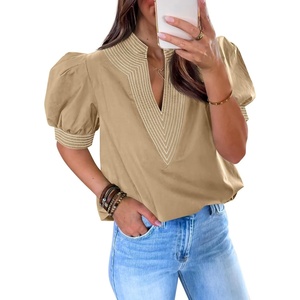 image:imageCicy Bell Womens Puff Short Sleeve Blouses Summer Casual Dressy V Neck Contrast Stitch Tops Loose Fit ShirtsKhaki