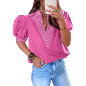 image:imageCicy Bell Womens Puff Short Sleeve Blouses Summer Casual Dressy V Neck Contrast Stitch Tops Loose Fit ShirtsPink