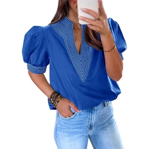 image:imageCicy Bell Womens Puff Short Sleeve Blouses Summer Casual Dressy V Neck Contrast Stitch Tops Loose Fit ShirtsRoyal Blue