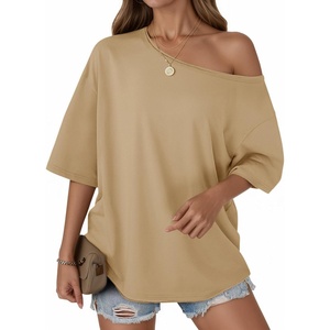 image:imageCicy Bell Womens Oversized Tshirts Off The Shoulder Cotton Half Sleeve T Shirts Summer Casual Loose Fit Tunic TopsKhaki