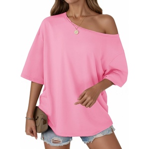 image:imageCicy Bell Womens Oversized Tshirts Off The Shoulder Cotton Half Sleeve T Shirts Summer Casual Loose Fit Tunic TopsPink