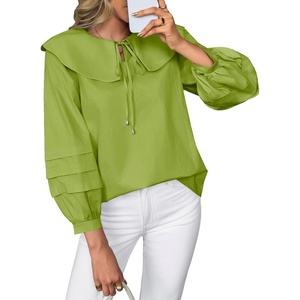 image:imageCicy Bell Womens Peter Pan Collar Shirts Long Puff Sleeve Cotton Blouses Trendy Casual Loose Fit TopsOlive Green