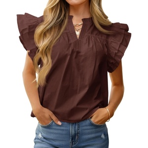 image:imageCicy Bell Womens Ruffle Cap Sleeve Blouses V Neck Dressy Casual Tops Summer Sleeveless Cotton Shirts Brown