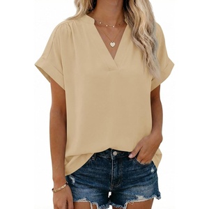 image:imageCicy Bell Womens Short Sleeve V Neck Blouses Dressy Casual Summer Loose Shirts Trendy Business Pleated Tops Light Khaki