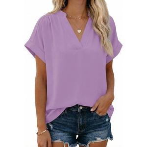 image:imageCicy Bell Womens Short Sleeve V Neck Blouses Dressy Casual Summer Loose Shirts Trendy Business Pleated Tops Violet