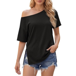 image:imageCicy Bell Womens Oversized TShirts Short Sleeve Summer Casual One Shoulder Tops Side Split Loose Fit TeesBlack
