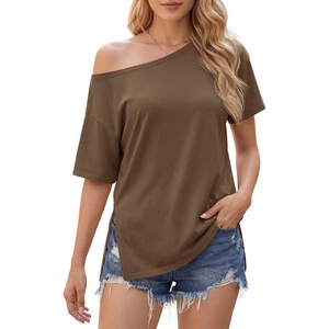 image:imageCicy Bell Womens Oversized TShirts Short Sleeve Summer Casual One Shoulder Tops Side Split Loose Fit TeesBrown