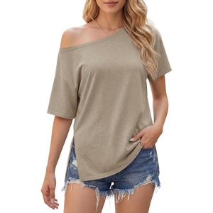 image:imageCicy Bell Womens Oversized TShirts Short Sleeve Summer Casual One Shoulder Tops Side Split Loose Fit TeesKhaki
