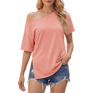 image:imageCicy Bell Womens Oversized TShirts Short Sleeve Summer Casual One Shoulder Tops Side Split Loose Fit TeesPink
