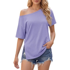 image:imageCicy Bell Womens Oversized TShirts Short Sleeve Summer Casual One Shoulder Tops Side Split Loose Fit TeesViolet