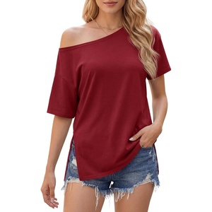 image:imageCicy Bell Womens Oversized TShirts Short Sleeve Summer Casual One Shoulder Tops Side Split Loose Fit TeesWine Red