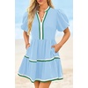 image:imageCicy Bell Womens Summer Puff Sleeve V Neck Floral Mini Boho Beach Dresses  Short Length PatchworkHawaiianVacationLoose fit Print with pocketsCute Sky Blue
