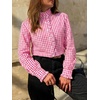 image:imageCicy Bell Womens Plaid Shirts Ruffle Puff Long Sleeve V Neck Gingham Tops  Trendy Casual Button Down Work Casual Checkered Blouses Loose FitPink
