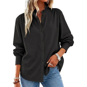 image:imageCicy Bell Womens Oversized Button Down Shirts Long Sleeve Ruffle Collar Top  Casual Dressy Side Split Work Blouse Loose Fit Pleated Shoulder SeamsBlack
