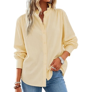 image:imageCicy Bell Womens Oversized Button Down Shirts Long Sleeve Ruffle Collar Top  Casual Dressy Side Split Work Blouse Loose Fit Pleated Shoulder SeamsLight Khaki